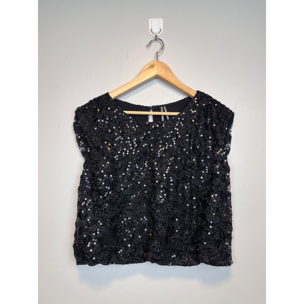 Anthropologie Black Sequin Lace Top Sleeveless Keyhole Back Floral Party Size S